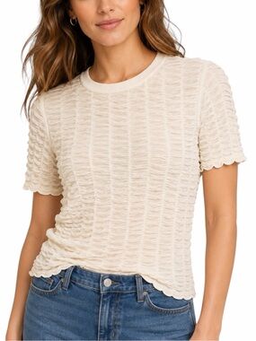 DKNY Superfine Texture Ruched Top Stretch Crew Neck Short Sleeve Cream XS NWT